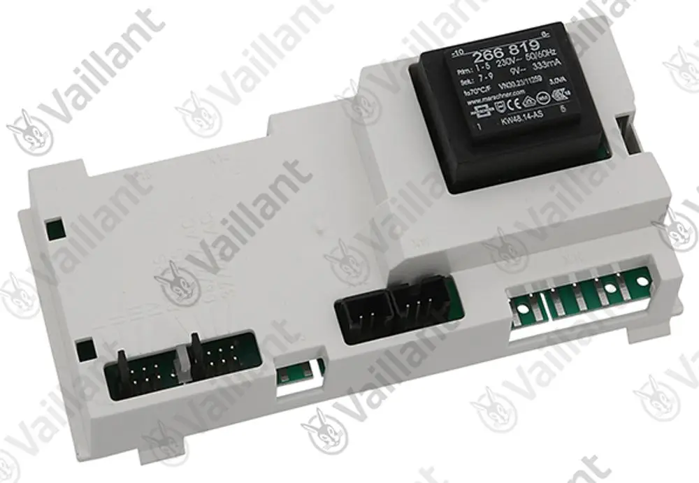 Vaillant Elektronikmodul in rechteckiger form, ausgestattet mit Anschlüssen, einem Transformator und verschiedenen elektrischen Bauteilen.